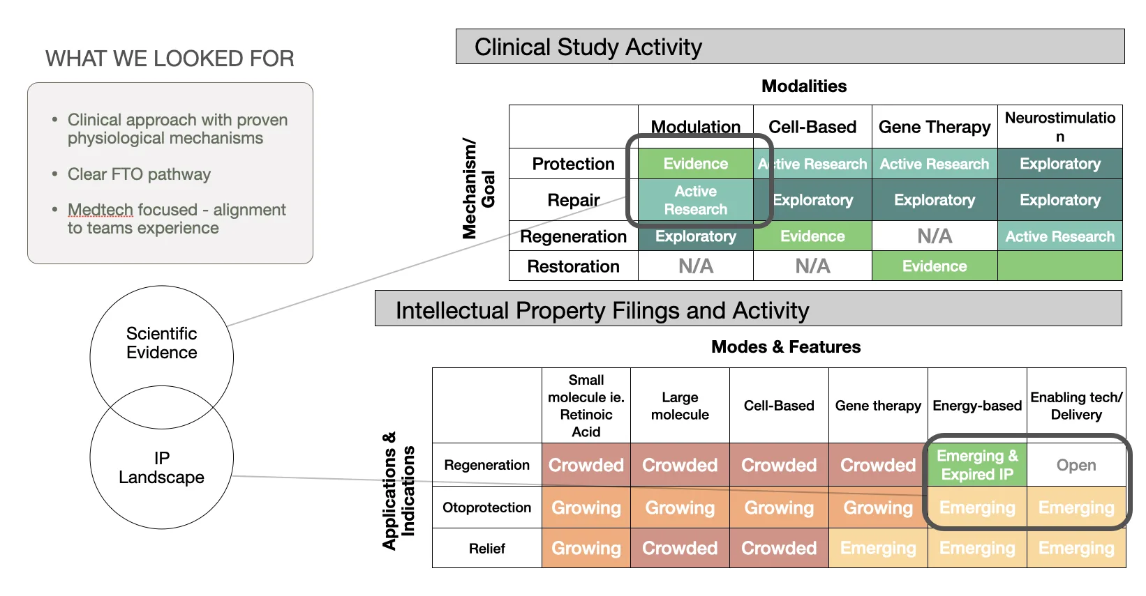 Clinical activity and IP filings matrices with 'What we looked for' criteria.