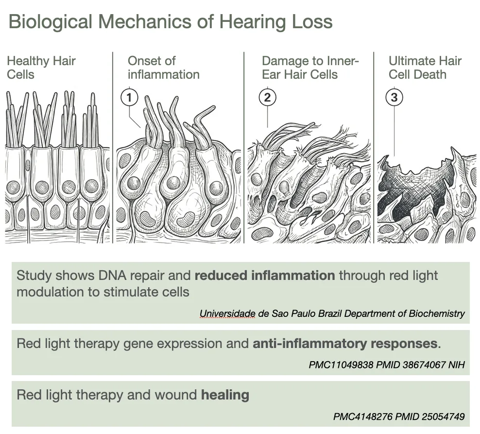 Biological Mechanics of Hearing Loss illustration with red-light therapy evidence citations.