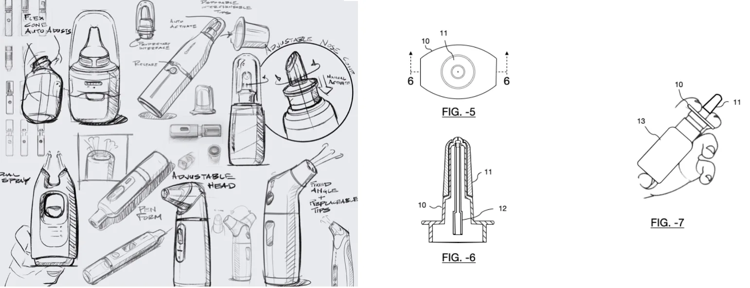 Concept sketches and provisional patent figures from a drug delivery system project.